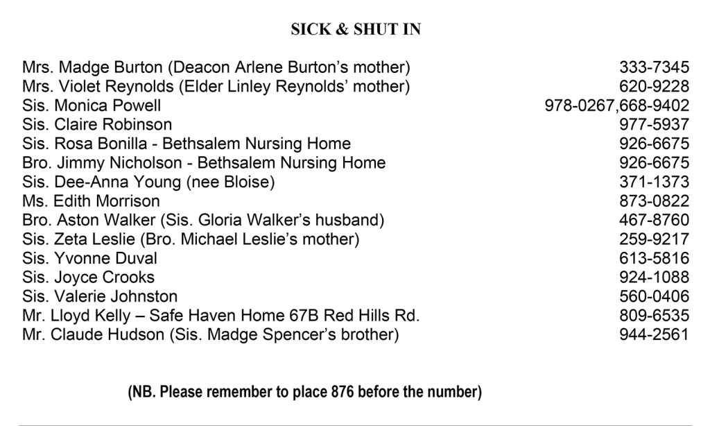 Sick and Shut In List