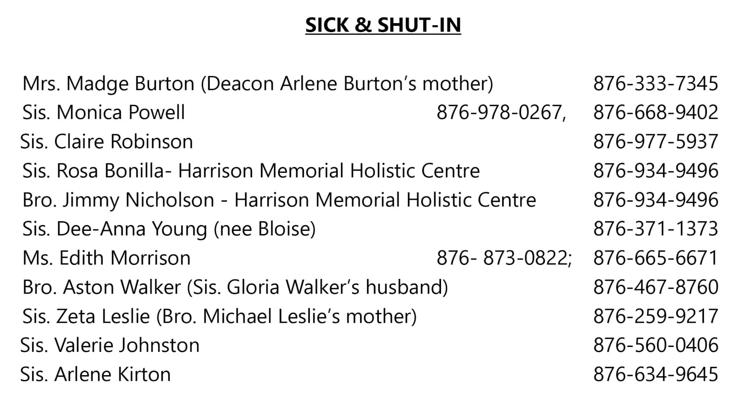 Sick and Shut-in List